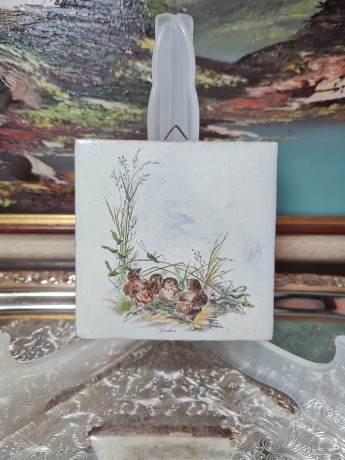 Панно винтажное Wlo с изображением птиц / Х. Арнот, керамика, 10 x 10 см, Германия, 1960-70гг.