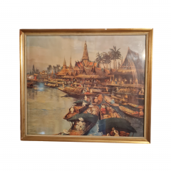 Картина винтажная "Пейзаж с лодками в Тайланде", масло, 51,5 x 45 см, Германия, 1960-70гг.