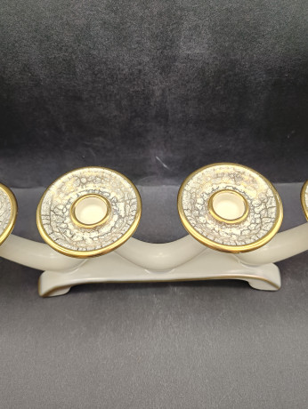 Подсвечник винтажный Hohr Keramik на 4 свечи, бежевый кракелюр с позолотой, фарфор, 37 х 14.5 см, Германия, 1960-70гг.