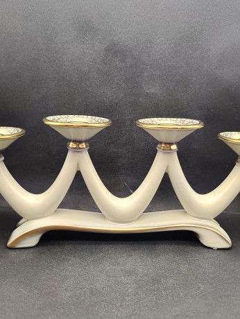 Подсвечник винтажный Hohr Keramik на 4 свечи, бежевый кракелюр с позолотой, фарфор, 37 х 14.5 см, Германия, 1960-70гг.