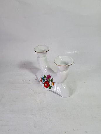 Подсвечник винтажный Kalocsa, белый фарфор с ярким цветочным декором, на две свечи, 15 x 11 см, Венгрия, 1960-70гг.
