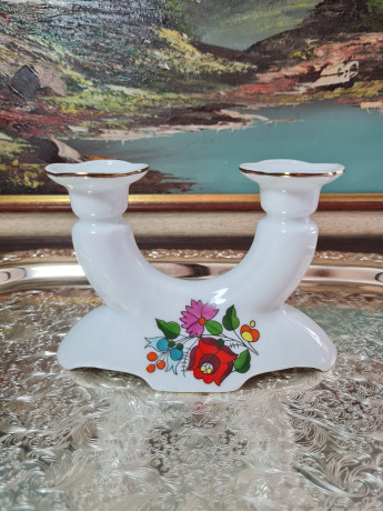 Подсвечник винтажный Kalocsa, белый фарфор с ярким цветочным декором, на две свечи, 15 x 11 см, Венгрия, 1960-70гг.