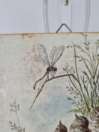 Панно винтажное Wlo "Трясогузки в траве / Х. Арнот", керамика, 10 x 10 см, Германия, 1960-70гг.