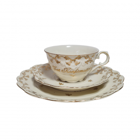 Чайное трио винтажное Waldershof Bavaria, бело-золотой декор и надпись, фарфор, Германия, 1960-70гг.