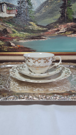 Чайное трио винтажное Waldershof Bavaria, бело-золотой декор и надпись, фарфор, Германия, 1960-70гг.