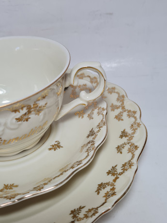 Чайное трио винтажное Waldershof Bavaria, бело-золотой декор и надпись, фарфор, Германия, 1960-70гг.