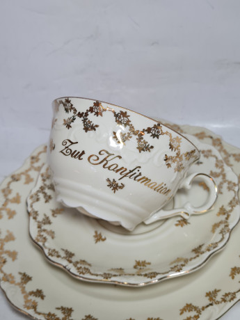 Чайное трио винтажное Waldershof Bavaria, бело-золотой декор и надпись, фарфор, Германия, 1960-70гг.