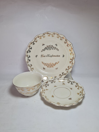 Чайное трио винтажное Waldershof Bavaria, бело-золотой декор и надпись, фарфор, Германия, 1960-70гг.