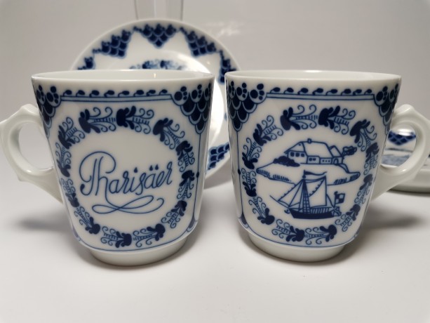 Hutschenreuther Pharisaer,  Хутченройтер Фарфоровый Кофейный набор на 2 персоны с синим декором и яхтами, для Фарисей, Германия 1969г.