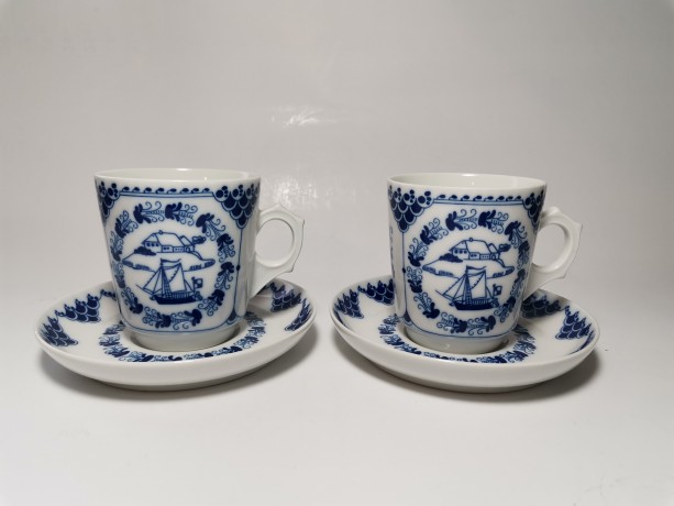 Hutschenreuther Pharisaer,  Хутченройтер Фарфоровый Кофейный набор на 2 персоны с синим декором и яхтами, для Фарисей, Германия 1969г.