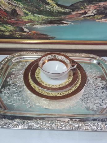 Чайное трио винтажное Winterling Markleuthen Bavaria  в коричнево-желтых тонах с золотым декором, фарфор, Германия, 1960-70гг.