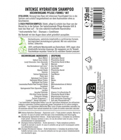 SANTE NATURKOSMETIK Shampoo Intense Hydration, Шампунь Интенсивное увлажнение c натуральной гиалуроновой кислотой и тройным протеиновым комплексом, 250 мл