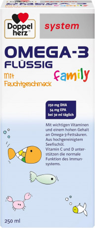 Doppelherz system Omega-3 Family flussig mit Fruchtgeschmack, Доппельгерц ОМЕГА-3 из морской рыбы + Витамины A, C, D и B12, сироп с фруктовым вкусом для детей с 4-х лет и взрослых, 250 мл
