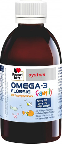 Doppelherz system Omega-3 Family flussig mit Fruchtgeschmack, Доппельгерц ОМЕГА-3 из морской рыбы + Витамины A, C, D и B12, сироп с фруктовым вкусом для детей с 4-х лет и взрослых, 250 мл