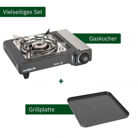 BRUNNER BRUNNER Gaskocher BRUNNER DEVIL SD NG Camping Gaskocher Set Zundsicherung, Vielseitig, (Gaskocher + Grillplatte)  Газовая плиа BRUNNER BRUNNER DEVIL SD NG комплект газовых плит для кемпинга предохранитель зажигания, универсальный, (газовая плита +