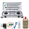BlueCraft BlueCraft Gaskocher 2-flammig mit Zundsicherung, Gasschlauch 100 cm, Gasregler 50 mbar, mit Propan Gasflasche 11 kg ungefullt-leer 2 in 1 Gasreglerloser  Газовая плита BlueCraft, 2 пламени, с запальным предохранителем, газовый шланг 100 см, газо