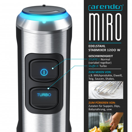 Arendo Arendo Stabmixer, 1200 W, Edelstahl, mit Schneebesenaufsatz, Purierstab mit abnehmbarem Mixfuss  Ручной блендер Arendo, 1200 Вт, нержавеющая сталь, с насадкой-венчиком, очищающий стержень со съемной ножкой для смешивания