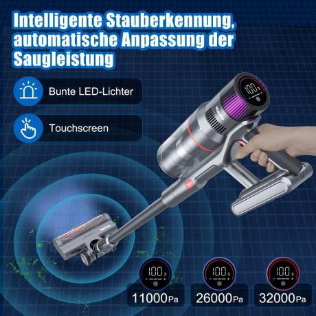 VISTEFLY VISTEFLY Akku-Stielstaubsauger V15 Geeignet zur Reinigung von Tierhaaren, Teppichen und Hartboden, 500,00 W, beutellos, automatische Saugkraftregelung, 60 Minuten Laufzeit, 3 Saugmodi Silber Беспроводной пылесос VISTEFLY V15 Подходит для уборки ш