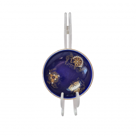 Тарелка винтажная Sarreguemines, темно-синий фарфор с позолоченным узором, 10 x 2 см, Франция, 1960-70гг.