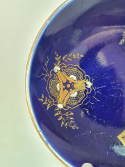 Тарелка винтажная Sarreguemines, темно-синий фарфор с позолоченным узором, 10 x 2 см, Франция, 1960-70гг.