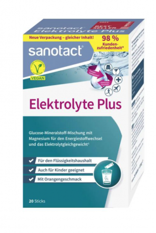 sanotact Elektrolyte Plus sticks 20st, Электролиты плюc для поддержания водно-электролитного баланса, для детей и взрослых, апельсиновый вкус, 20 стиков