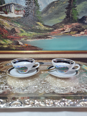 Набор для кофе винтажный Kahla GDR изображением Зальцбурга, кофейная пара (2 шт.) и ложка, фарфор, Германия, 1960-70гг.