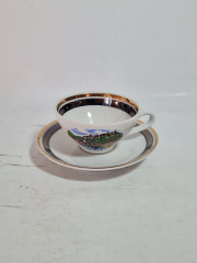 Набор для кофе винтажный Kahla GDR изображением Зальцбурга, кофейная пара (2 шт.) и ложка, фарфор, Германия, 1960-70гг.