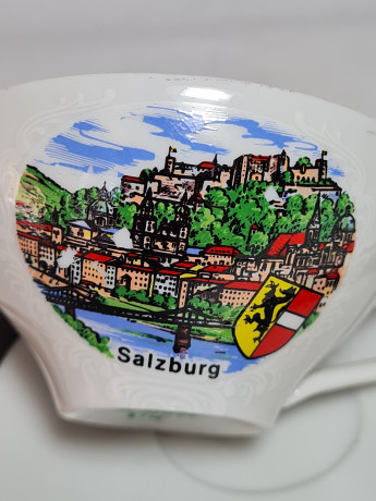 Набор для кофе винтажный Kahla GDR изображением Зальцбурга, кофейная пара (2 шт.) и ложка, фарфор, Германия, 1960-70гг.