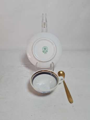 Набор для кофе винтажный Kahla GDR изображением Зальцбурга, кофейная пара (2 шт.) и ложка, фарфор, Германия, 1960-70гг.