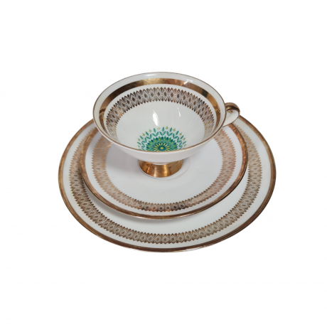 Чайное трио винтажное Winterling Marktleuthen Bavaria с зелено-золотистым декором, фарфор, Германия, 1960-70гг.