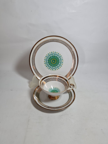 Чайное трио винтажное Winterling Marktleuthen Bavaria с зелено-золотистым декором, фарфор, Германия, 1960-70гг.
