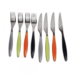 Набор столовых приборов винтажный Guzzini / Коллекция "Feeling", с цветными ручками, пластик / сталь, 23 см, Италия, 1990-2000гг.