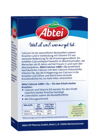 Abtei Calcium 1000 + D3 Osteo Vital Жевательные таблетки с кальцием и витамином D3, 30 шт