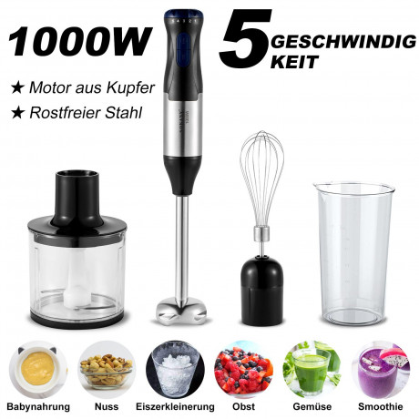 Rosnek Rosnek Handmixer Mixer,1000 W, 4 IN 1, 5-Gang-Einstellung,schwarz, 1000 W, inklusive Schneebesen, 500ml Zerkleinerer und 700ml Messbecher  Ручной миксер Rosnek, 1000 Вт, 4 IN 1, 5-скоростной режим, черный, 1000 Вт, включая венчик, измельчитель на 5