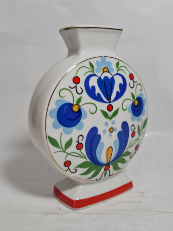 Ваза винтажная Lubiana Poland необычной формы, с сине-красным декором, фарфор, 17 см, Польша, 1960-70гг.