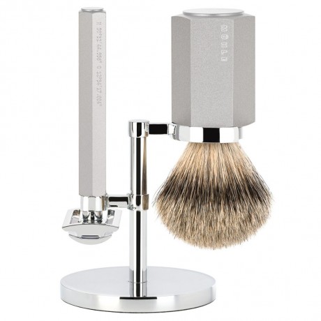 Muhle HEXAGON 3-tlg. Rasierset, Silberspitz Dachszupf, Aluminium silber ШЕСТИГРАННИК 3 шт. Набор для бритья, барсучок с серебристым наконечником, алюминий серебристый