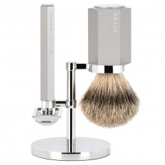 Muhle HEXAGON 3-tlg. Rasierset, Silberspitz Dachszupf, Aluminium silber  ШЕСТИГРАННИК 3 шт. Набор для бритья, барсучок с серебристым наконечником, алюминий серебристый