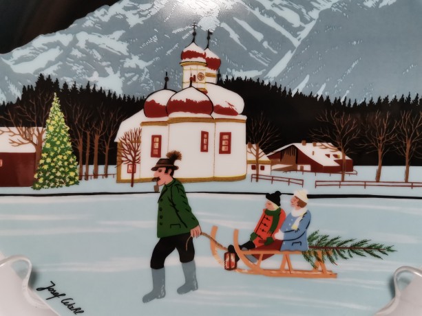 Tettau Weihnachten, Коллекционная Рождественская Тарелка "Церковь Святого Варфоломея на Кёнигсзее" художника Йозефа Валя, 20см, Германия 1983г.