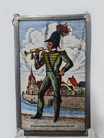Винтажный витраж "Офицер, 1843 год", стекло, 15,5см x 9,5см, Германия, 1960-70гг.