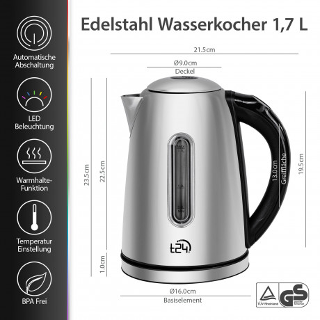 T24 T24 Wasserkocher Edelstahl Wasserkocher mit LED, LCD-Display, 40°-100°Warmhaltefunktion, 1.7 l, 2200 W  Чайник T24 Чайник из нержавеющей стали со светодиодной подсветкой, ЖК-дисплеем, функцией поддержания тепла 40°-100°, 1,7 л, 2200 Вт