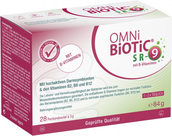 OMNi BiOTiC SR-9 with B Vitamins 28st x 2 packs(56st), Пробиотик 2-в-1 с витаминами B2, B6, B12, 9 штаммов бактерий для кишечника и нервной системы, от усталости и стресса, 28 порций х 3г x 2 упаковки (56 порций)