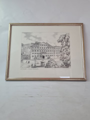 Картина в раме винтажная в черно-белых тонах "Шарлоттенплац" Brukner Stuttgart, 31,5 x 42 см, Германия, 1960-70гг.