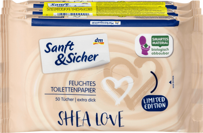 Sanft&Sicher Toilettenpapier feucht Shea Love 3x50 Stück, 150 St Влажная туалетная бумага
