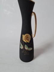 Royal Porzellan Bavaria KPM Винтажная Ваза черная с ручкой "Желтая роза", 13,5см x 4см, Германия, 1960-70гг.