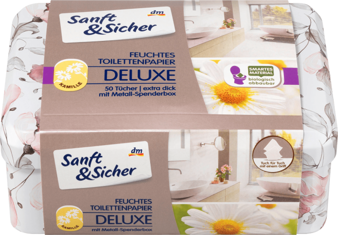 Sanft&Sicher Feuchtes Toilettenpapier Deluxe Kamille Box, Влажная Туалетная бумага Ромашка	 Запасная упаковка + Box, 50 шт