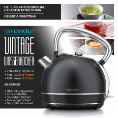 Arendo Arendo Wasserkocher, 1,7 l, 2200 W, Edelstahl Retrostyle Vintage, Uberhitzung Trockenkochschutz, schwarz Чайник Arendo, 1,7 л, 2200 Вт, нержавеющая сталь, ретро-стиль, винтаж, защита от перегрева и выкипания, черный