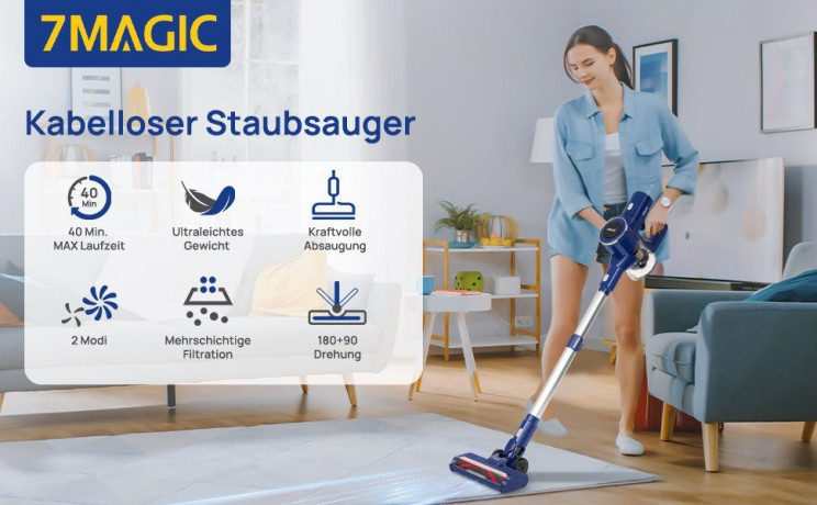 7Magic 7Magic Akku-Stielstaubsauger CJ-C8 Akku Handstaubsauger, 350,00 W, 4 in 1 Kabelloser Staubsauger 33000Pa, 60 Min Laufzeit, Ultraleiser Akkusauger Kabellos fur Hartboden Teppich Tierhaare Auto  7Magic Беспроводной пылесос Беспроводной ручной пылесос