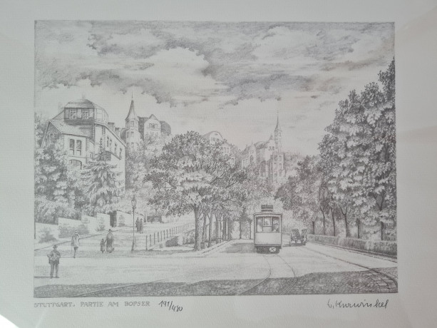 Картина в раме винтажная в черно-белых тонах "Бопсер" Brukner Stuttgart, 31,5 x 42 см, Германия, 1960-70гг.