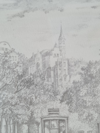 Картина в раме винтажная в черно-белых тонах "Бопсер" Brukner Stuttgart, 31,5 x 42 см, Германия, 1960-70гг.