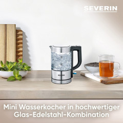 Severin Severin Wasserkocher SEVERIN Mini Glas Wasserkocher 0,5L, Edelstahl-geburstet, max. 1100 W, schwarz, WK 3499  Чайник Severin Стеклянный мини-чайник SEVERIN 0,5 л, матовая нержавеющая сталь, макс. 1100 Вт, черный, WK 3499